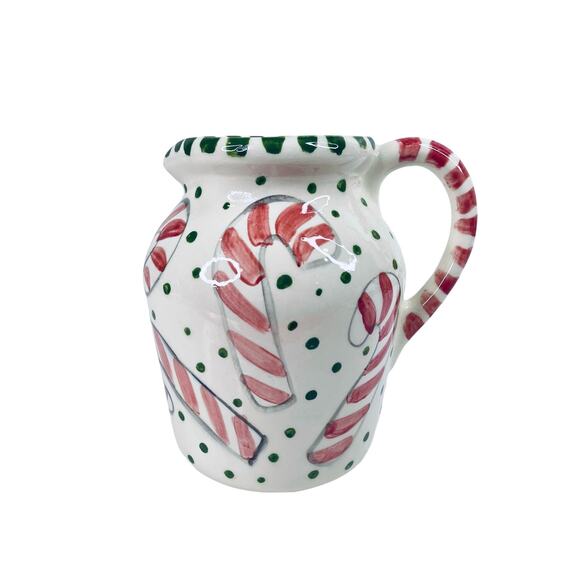 Pottery Candy Cane Juice Pitcher 7" Holiday Studio Art Signed Lynn Morris Vtg - Picture 6 of 7